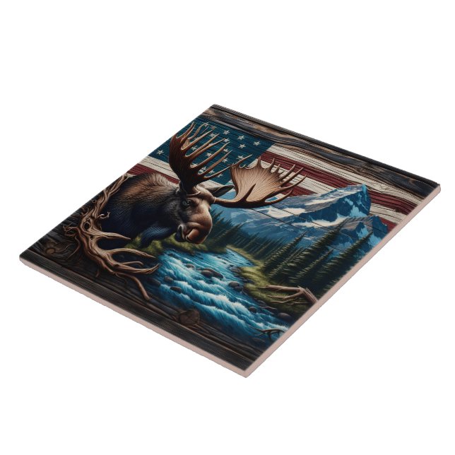 Moose in Front of Mountain and American Flag Tile (Side)