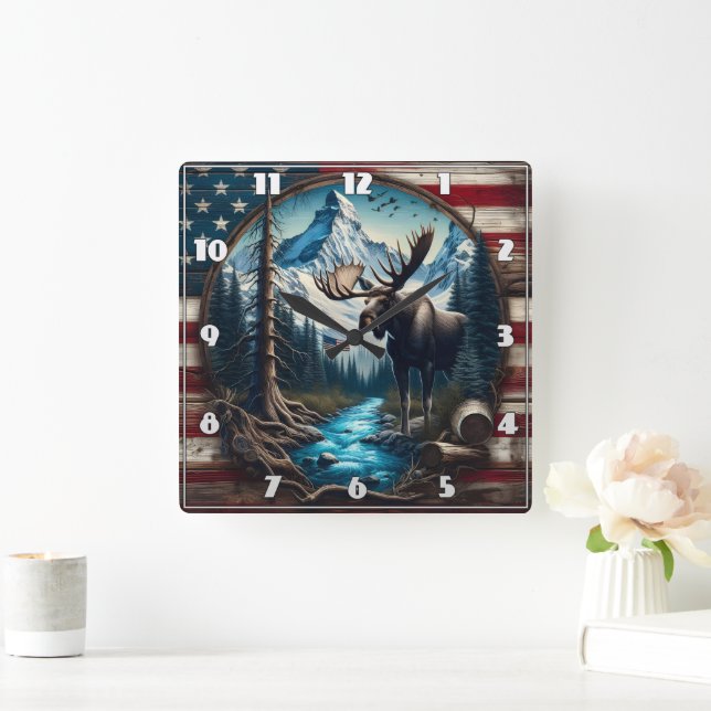 Moose in Mountain Landscape With American Flag Square Wall Clock (Home)