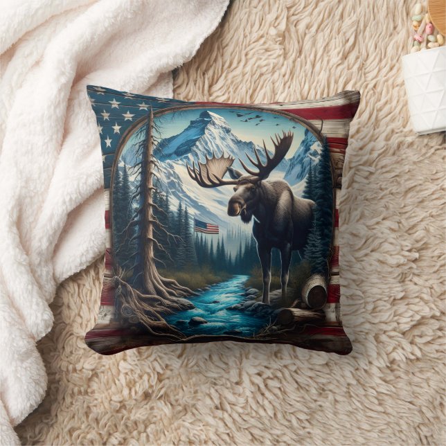 Moose in Mountain Landscape With American Flag Throw Pillow (Blanket)