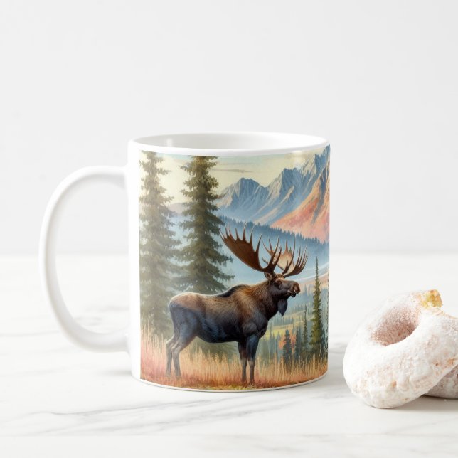 Moose in Mountainous Autumn Landscape  Coffee Mug (With Donut)