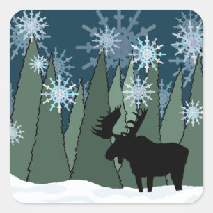 Moose in Snowflake Forest Square Sticker