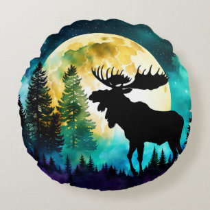 Moose in the forest Full moon  Round Pillow