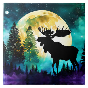Moose in the forest Full moon Tile