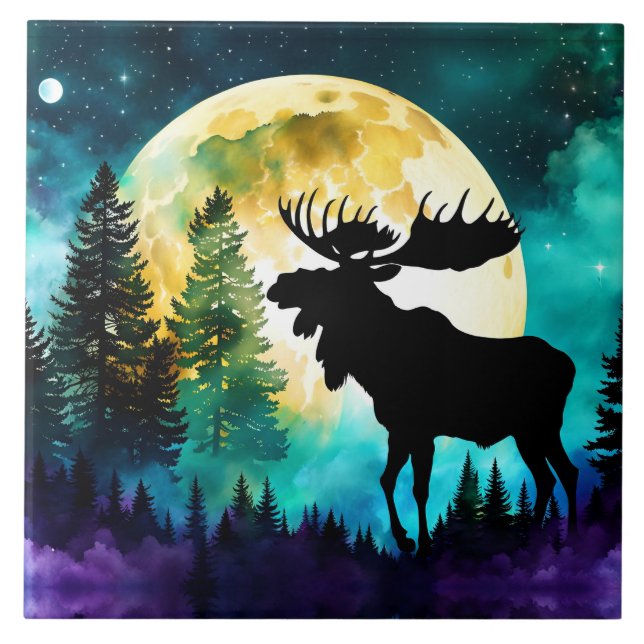 Moose in the forest Full moon  Tile (Front)