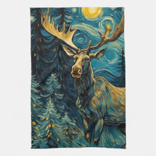 Moose in the Pine Forest Van Gogh Kitchen Towel