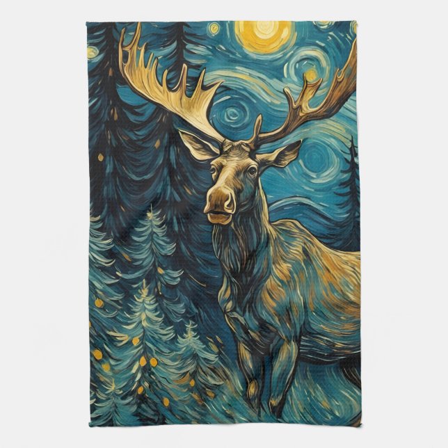 Moose in the Pine Forest Van Gogh Kitchen Towel (Vertical)
