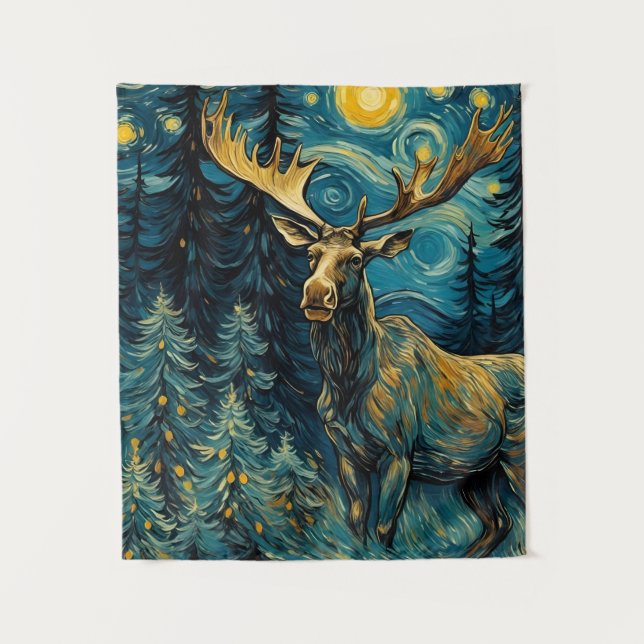 Moose in the Pine Forest Van Gogh Tapestry (Front)