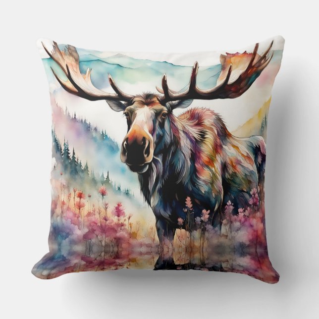 Moose in Wildflowers watercolor Throw Pillow (Front)