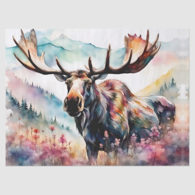 Moose in Wildflowers watercolor Tissue Paper (Front)