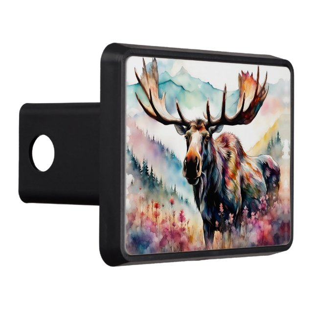 Moose in Wildflowers watercolor Trailer Hitch Cover (Right)