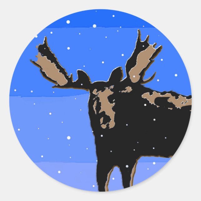 Moose in Winter  - Original Wildlife Art Classic Round Sticker (Front)