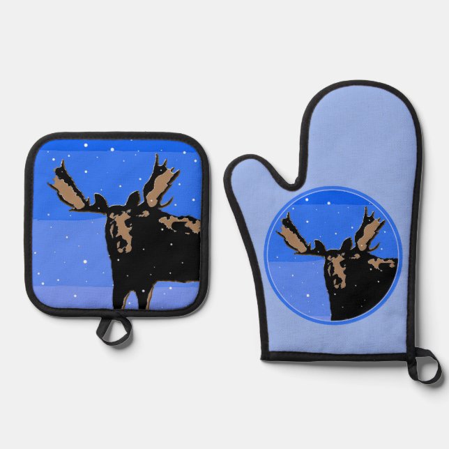 Moose in Winter  - Original Wildlife Art Oven Mitt & Pot Holder Set (Front)