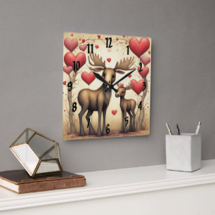 Moose Love 2 Square Wall Clock