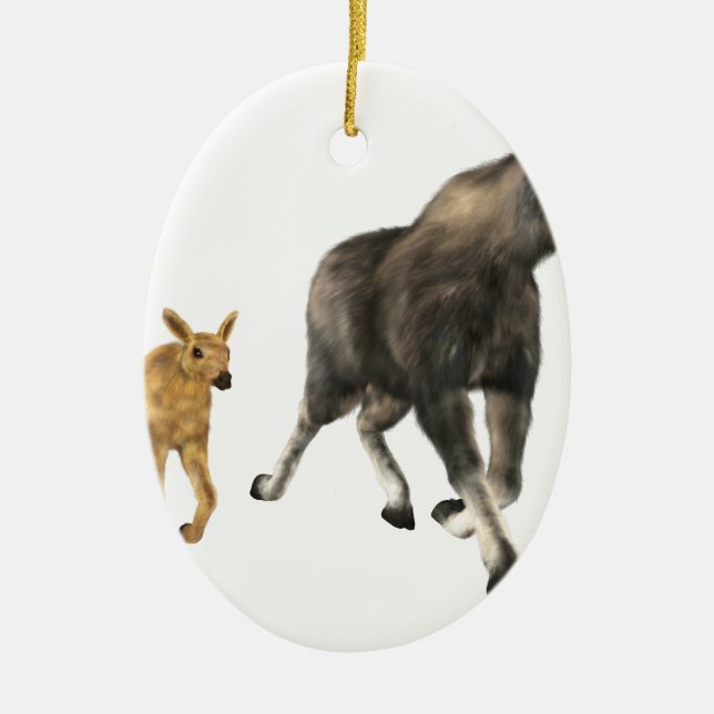 Moose Mom & Baby Ceramic Ornament (Front)