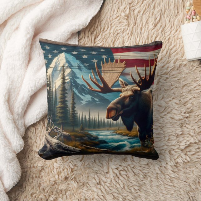 Moose Near River With Mountains and Flag Throw Pillow (Blanket)