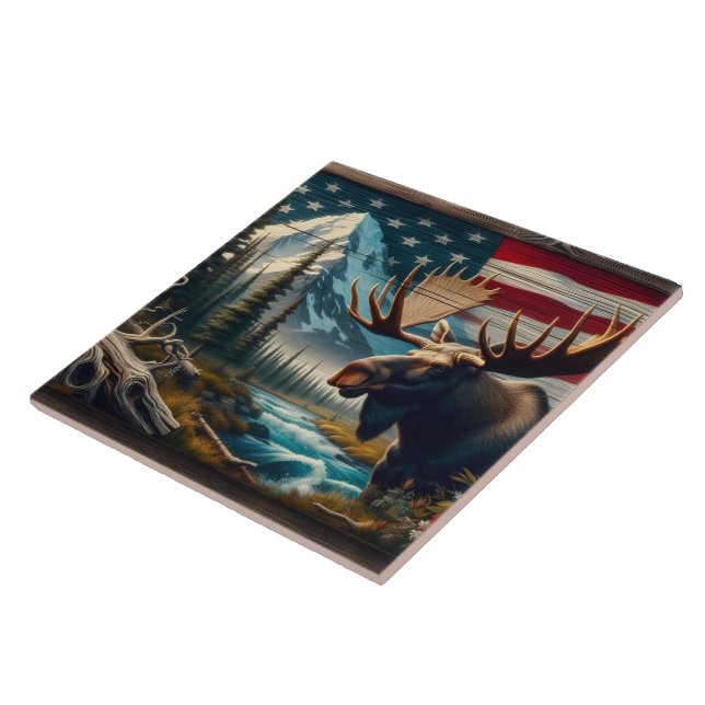 Moose Near River With Mountains and Flag Tile (Side)