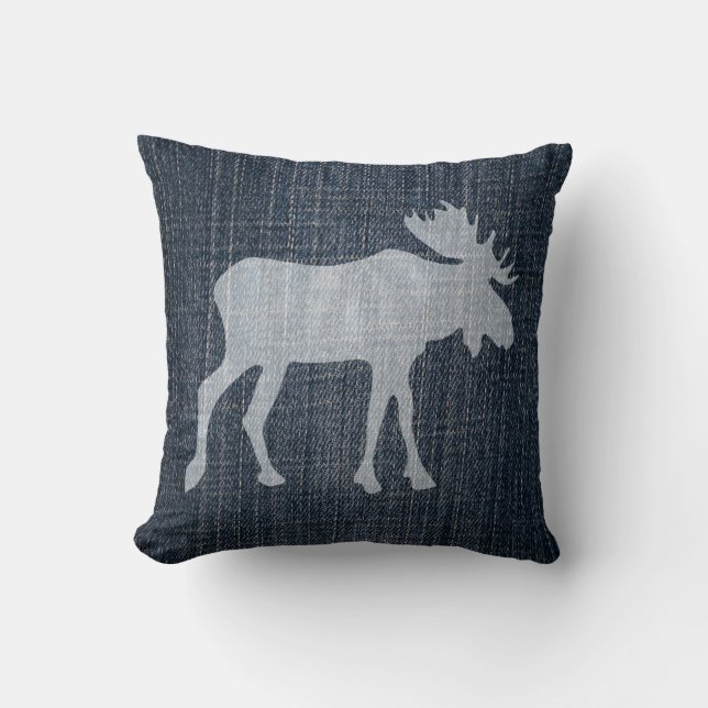 Moose on Denim Throw Pillow (Front)
