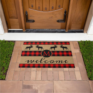 Moose On Red Black Buffalo Check Plaid Pattern Doormat