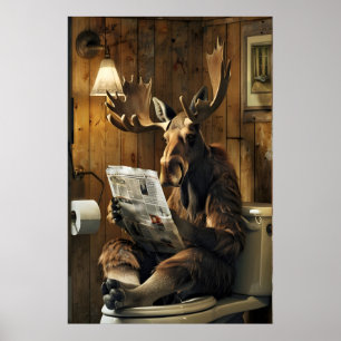 Moose on Toilet Newspaper Print, Funny Bathroom Poster