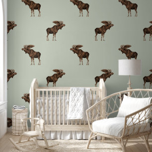 Moose Pattern Sage Green Man Cave Wallpaper