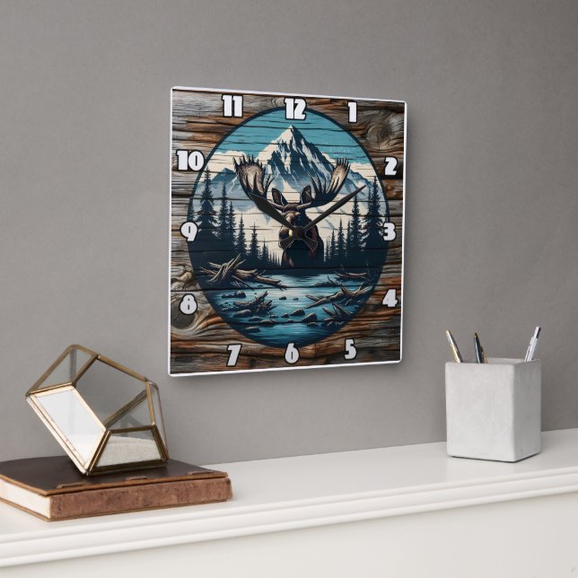 Moose Portrait Against Mountain Landscape Square Wall Clock (Office)