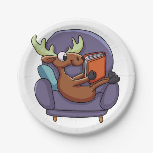Moose reading a book on a sofa   choose back color paper plate