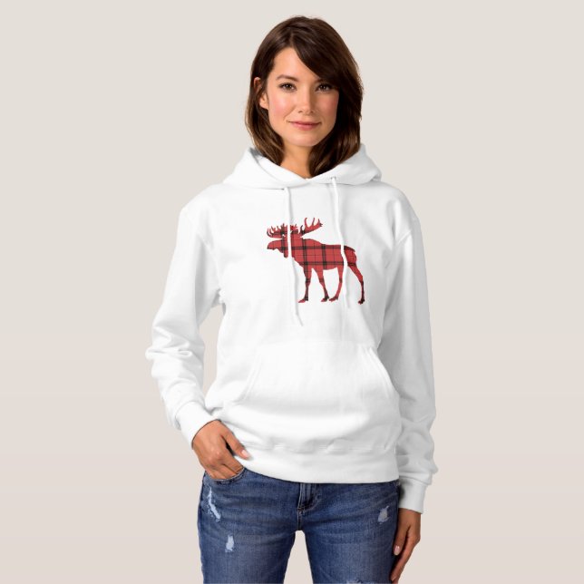 Moose Red and Black Plaid Tartan Winter Pattern Hoodie (Front Full)