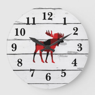 Moose Red Check Shiplap Rustic Decor Large Clock