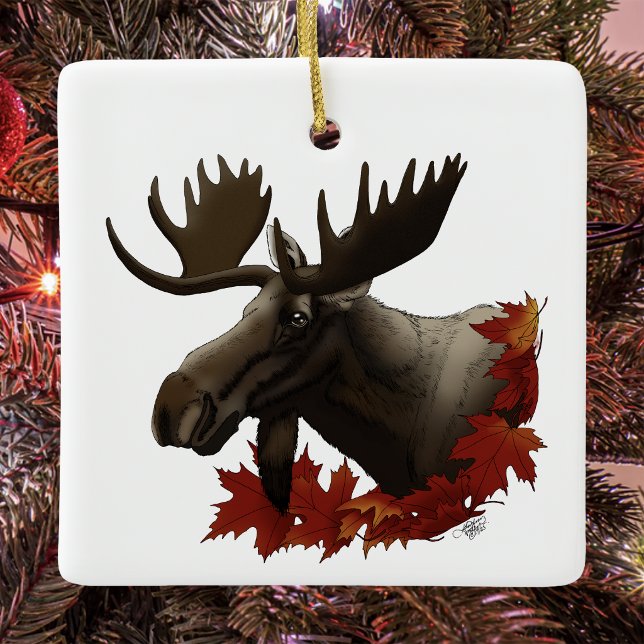 Moose Red Maple Leaves  Ceramic Ornament (Creator Uploaded)