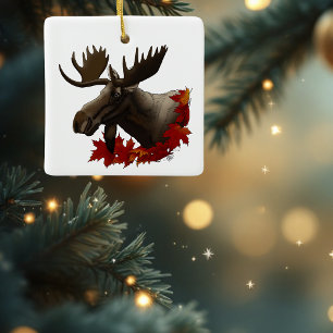 Moose Red Maple Leaves Ceramic Ornament