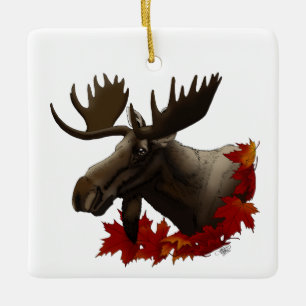 Moose Red Maple Leaves  Ceramic Ornament