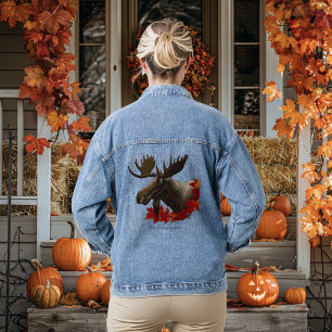 Moose Red Maple Leaves Denim Jacket