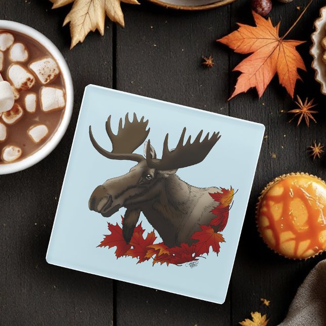 Moose Red Maple Leaves  Glass Coaster (Creator Uploaded)
