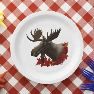 Moose Red Maple Leaves Paper Plate