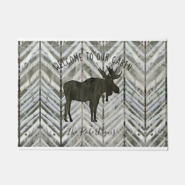 Moose Rustic Lodge Mountain Welcome Cabin Name Doormat (Front)