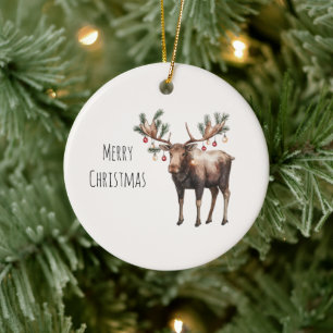 Moose Santa Hat Christmas Ceramic Ornament