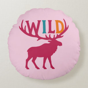 Moose silhouette art with wild antler typography round pillow
