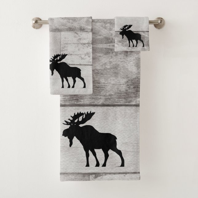 Moose Silhouette Grey Wood Pattern Bath Towel Set (Insitu)