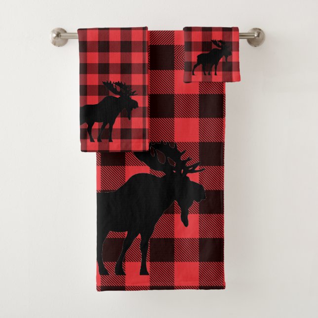 Moose Silhouette Red Black Plaid Pattern Bath Towel Set (Insitu)