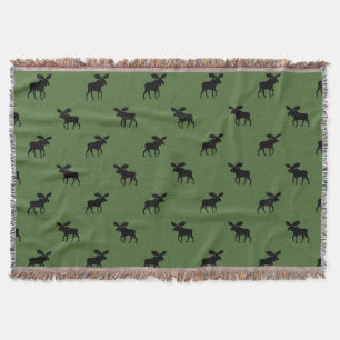 Moose Silhouettes Pattern Wildlife Country Green Throw Blanket