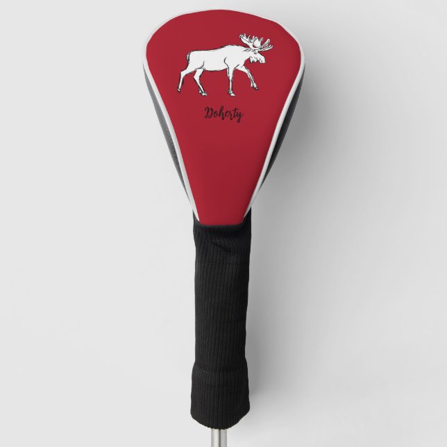 Moose Sketch with Red Background Golf Head Cover (Front)