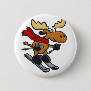 Moose skier cartoon   choose background colour 2 inch round button