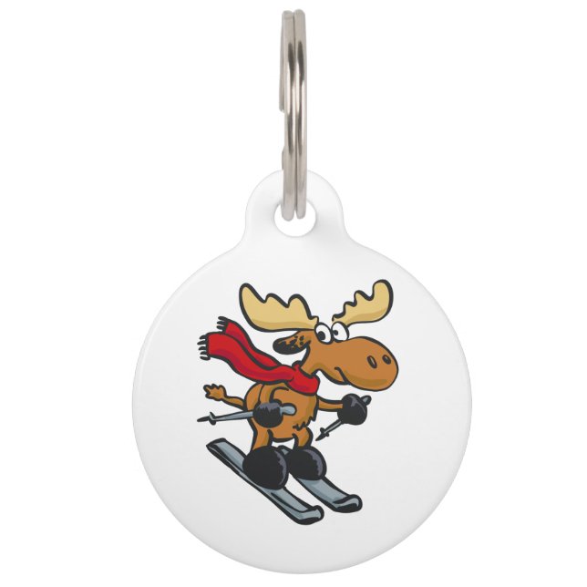 Moose skier cartoon | choose background colour pet tag (Front)