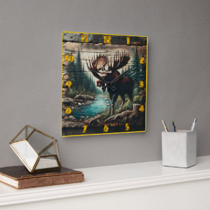 Moose Standing by a Stream in a Forest Setting Square Wall Clock
