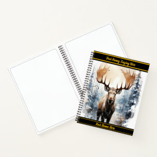 Moose stands tall in snowy forest notebook