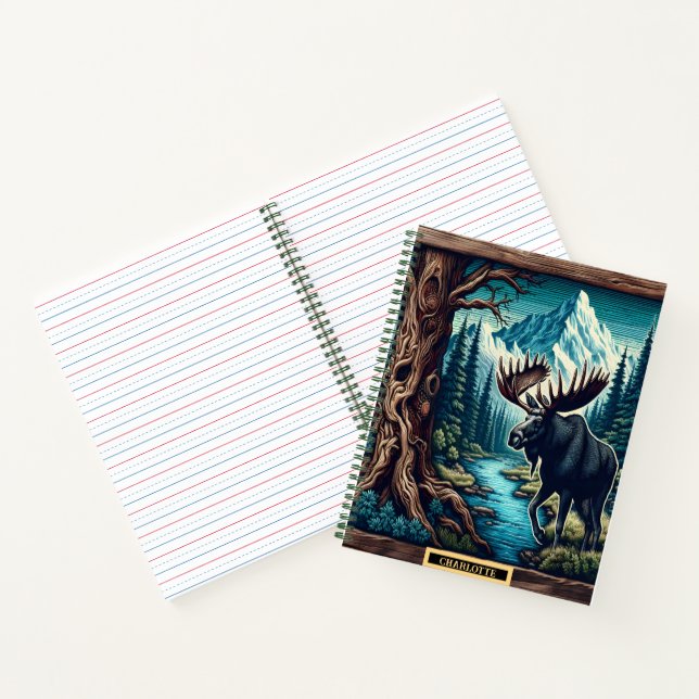 Moose strolls by a calm mountain stream notebook (Inside)