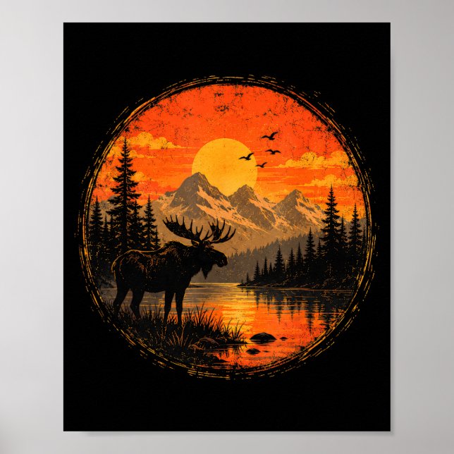 Moose sunset mountain forest lake wilderness poster (Front)