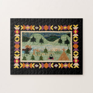 Moose, Teepee, Camp Fire, Mountains, Pine Trees Jigsaw Puzzle
