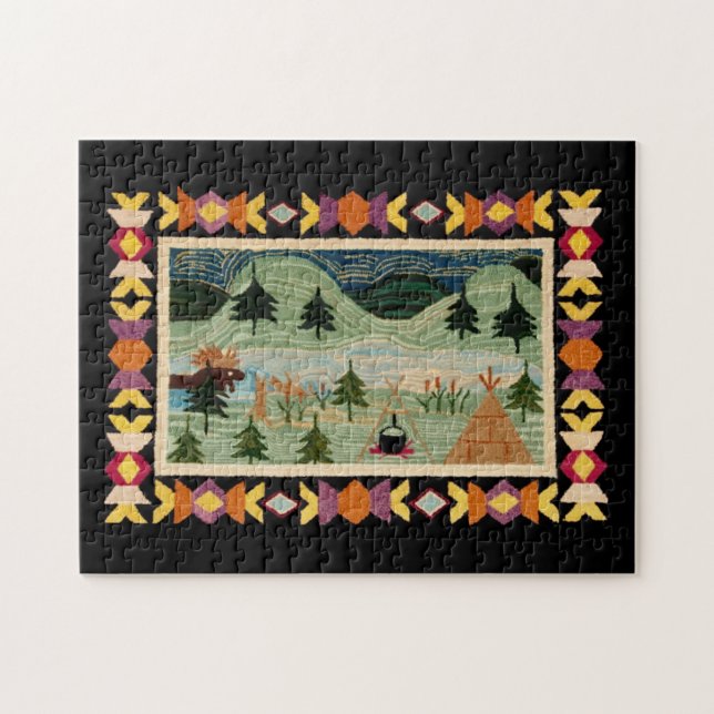 Moose, Teepee, Camp Fire, Mountains, Pine Trees Jigsaw Puzzle (Horizontal)