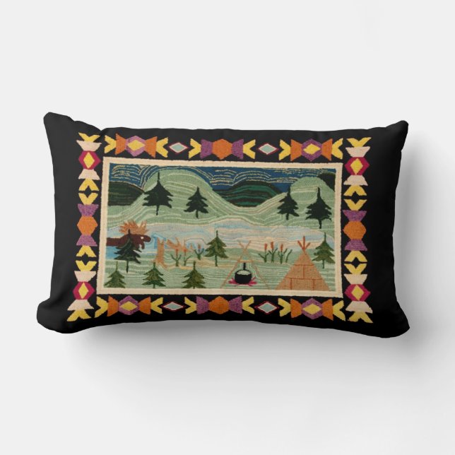 Moose, Teepee, Camp Fire, Mountains, Pine Trees Lumbar Pillow (Front)